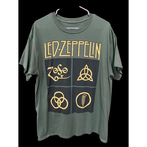 Led Zeppelin Graphic Tee Green With Symbols Rock Band Shirt Unisex Cotton Size L - Picture 2 of 8